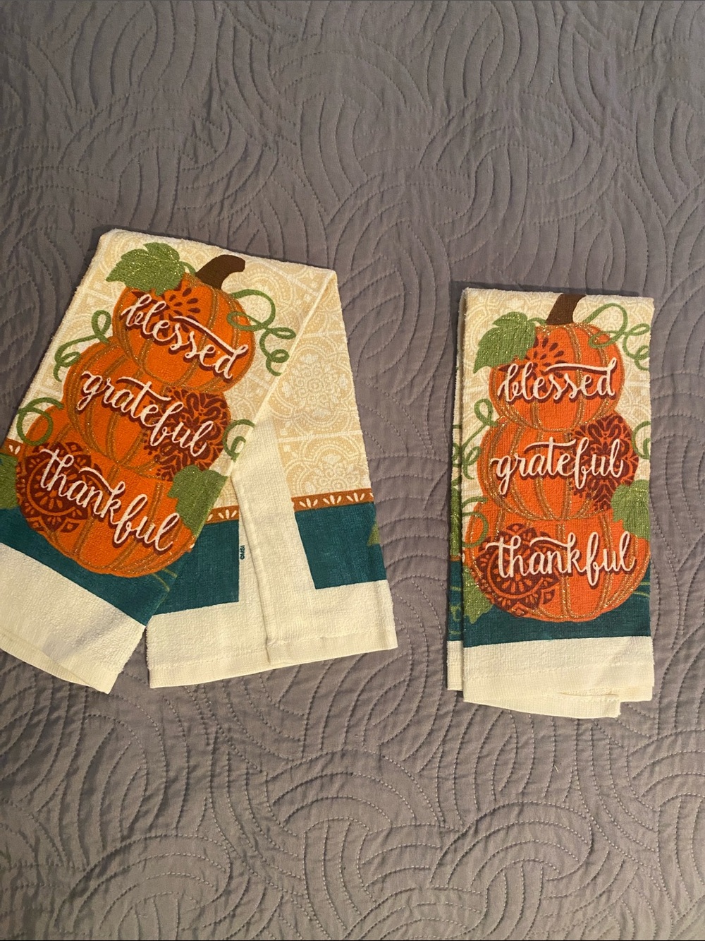 Blessed Grateful Thankful Pumpkin Kitchen Towels - White/Orange & Green Decor
